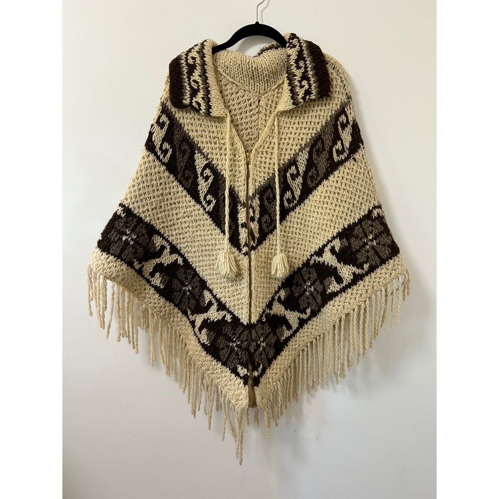 Vintage Mexican Handmade Zip Front Poncho Shawl Cream Brown Boho Fringe